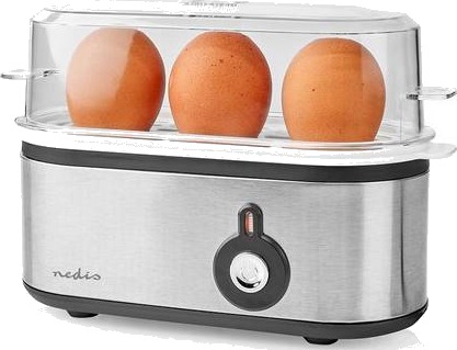 Nedis Eggkoker for 3 egg med integrert eggstikker og desilitermål, svart/aluminium Nedis Eggkoker for 3 egg med integrert eggstikker og desilitermål, svart/aluminium