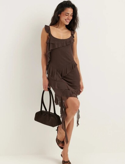 Bubbleroom Flounce Mesh Short Dress   Brown   S