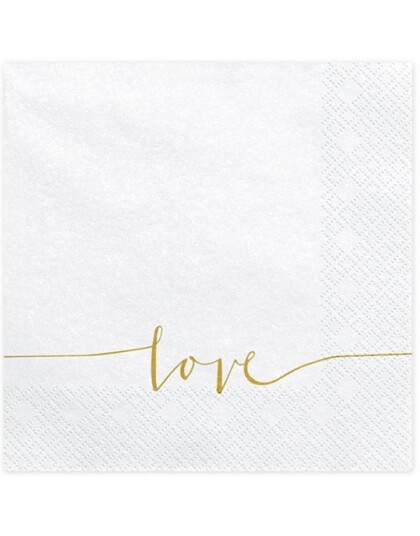 Partydeco 20 stk Hvite Servietter med Gullfarget Love Tekst 33x33 cm