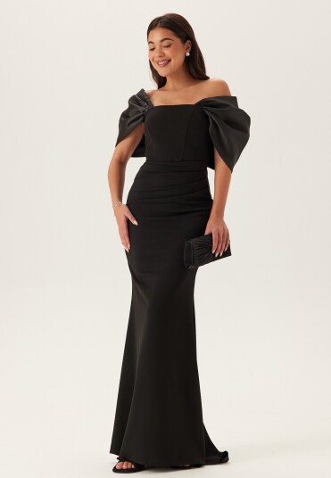 Goddiva Bardot Satin Bow Back Maxi Dress Goddiva Bardot Satin Bow Back Maxi Dress