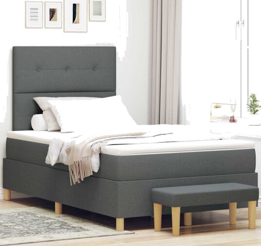 Box Spring Seng med Madrass & Benk Mørk Grå 120x190 cm Stoff
