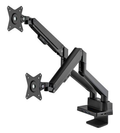 MANHATTAN MH Aluminum Gas Spring Dual Monitor Desk Mount with 8-in-1 D MANHATTAN MH Aluminum Gas Spring Dual Monitor Desk Mount with 8-in-1 D