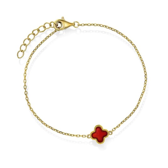 Pan Jewelry Kløver armbånd i 925 forgylt sølv med syntetisk rød agat Pan Jewelry Kløver armbånd i 925 forgylt sølv med syntetisk rød agat