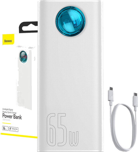 Baseus Amblight 30000mAh 65W Powerbank med 4xUSB og USB-C - Hvit