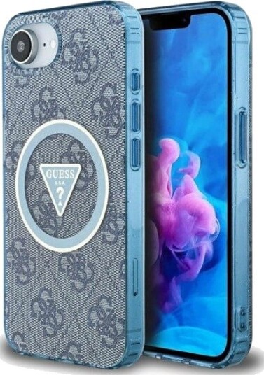 GUESS IML Metal Glitter 4G Circle Triangle MagSafe Case for iPhone 16e - Blue