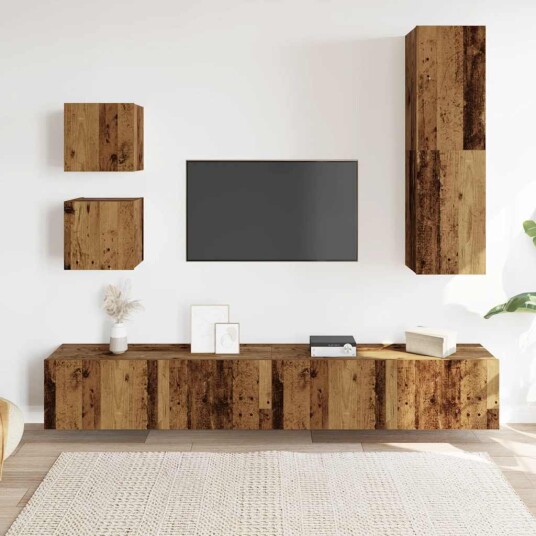 TV-skapsett 5 deler veggmontert gammelt tre konstruert tre 8721158760135