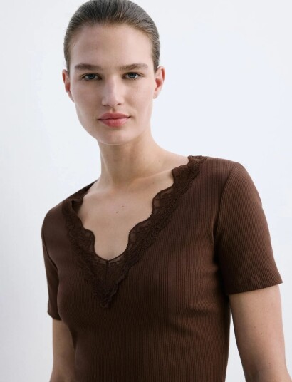 Mango Lace Trim Top Brown XS