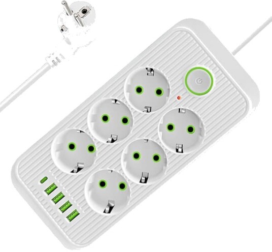 Grenuttak Med 6 AC-Uttak 4 USB-Porter Overspenningsvern 2m Skjøteledning Grenuttak Med 6 AC-Uttak 4 USB-Porter Overspenningsvern 2m Skjøteledning