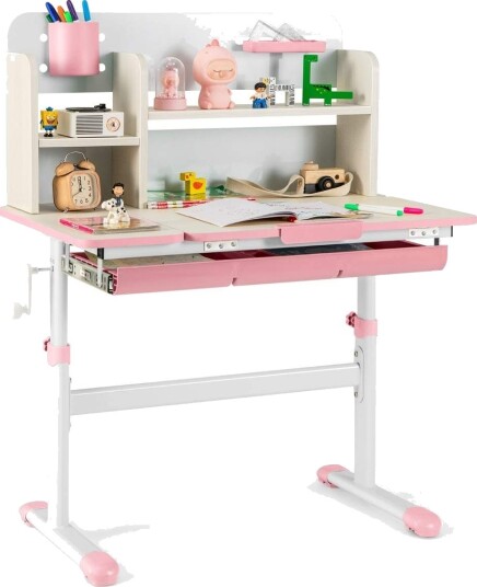 Justerbart barnebord med vippeplate oppbevaring og rosa finish