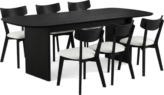 Alma spisegruppe 220 cm rektangulær i svart med 6 Amelia spisestoler med pute Svart/beige
