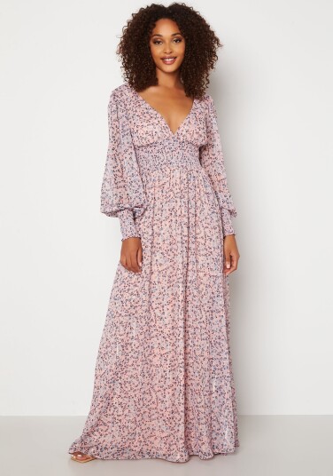 Goddiva Ditsy Long Sleeve Shirred Maxi Dress