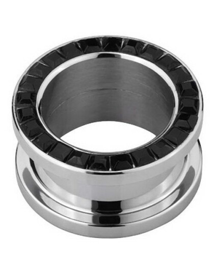 Sølvfarget Piercing Tunnel med Firkantede Svarte Stener 16 mm