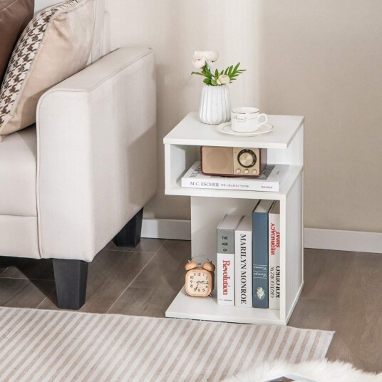 S formet sidebord med 2 åpne rom moderne nattbord 33 x 33 x 50 cm hvit
