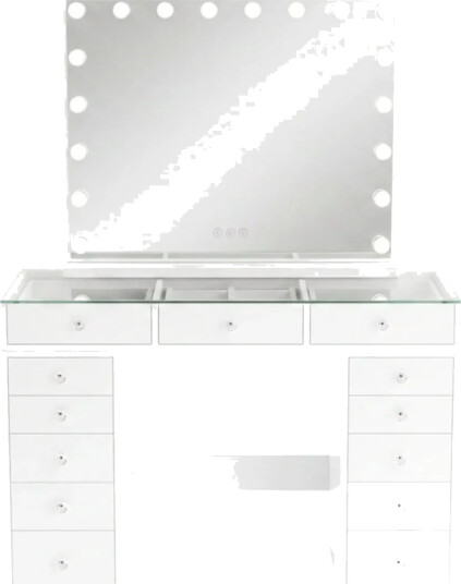 Glow Sminkebord 120 cm med Speil 80 cm og Belysning Glassplate Oppbevaring og Skuffer Hvit