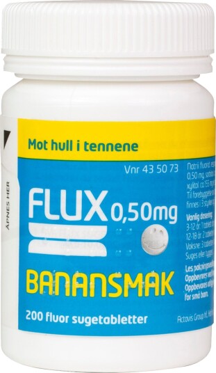 Flux Fluortabletter 0,50mg banansmak 200 stk. Flux Fluortabletter 0,50mg banansmak 200 stk.