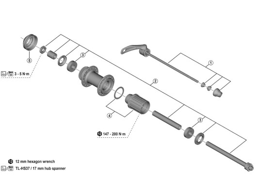 Shimano aksel komplett til baknav modell FH QC400 HM B
