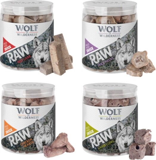 Wolf Of Wilderness Raw Frysetørkede Premiumsnacks Mix Kyllinghjerter Storfelever Lammelunge Andehals 300 G 