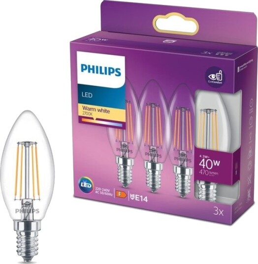 Philips LED-pære Mignon LED E14 470 lm 3-pk. Philips LED-pære Mignon LED E14 470 lm 3-pk.