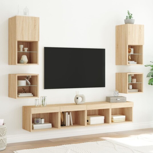  Vegghengt TV-benk med LED 2 stk sonoma eik 30x28,5x30 cm 836978