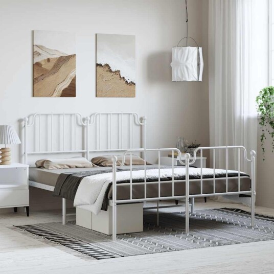 vidaXL Sengeramme i metall med hode- og fotgavl hvit 150x200 cm 8721012212657