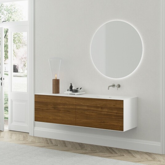Copenhagen Chic 180R Baderomsmøbler MKII Glacier White Corian® med amerikansk valnøtt