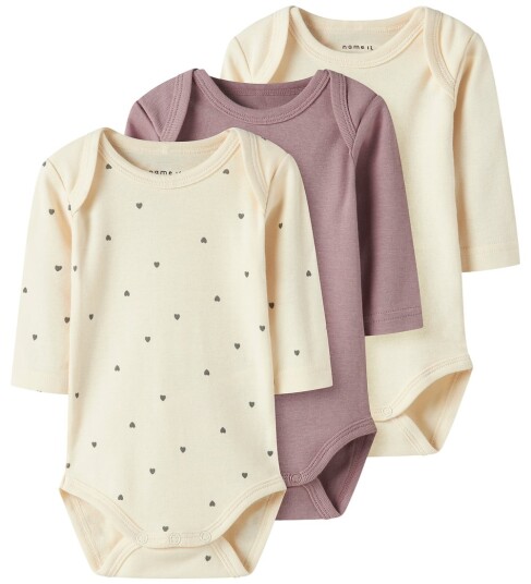 Name It Nbfbody 3-pack Langermet Body med Hjerte Mønster 98 Cream