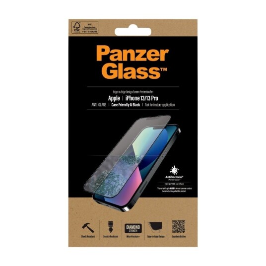 PanzerGlass iPhone 13 / 13 Pro PanzerGlass AntiBacterial Edge-to-Edge Beskyttelsesglass- Case Friendly - Svart Kant