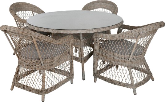 Brafab Kamomill spisegruppe 4 matstoler & spisebord 130 cm Beige med grå pute