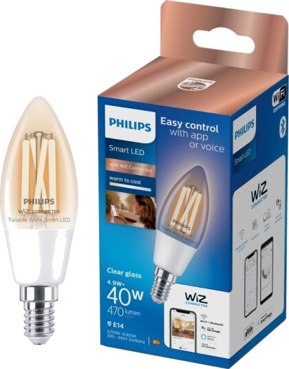 Philips Smart Led-Filamentlyspære Form: C35 Klar Finish E14 4.9 W Ekvivalent 40 Klasse F Avstembar Hvit 2700-6500 K Philips Smart Led-Filamentlyspære Form: C35 Klar Finish E14 4.9 W Ekvivalent 40 Klasse F Avstembar Hvit 2700-6500 K