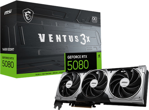 MSI GeForce RTX 5080 VENTUS 3X OC 16GB GDDR7 Grafikkort MSI GeForce RTX 5080 VENTUS 3X OC 16GB GDDR7 Grafikkort