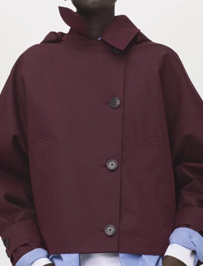 Mango Short Double Breasted Trench Coat With Hood   Burgundy   M