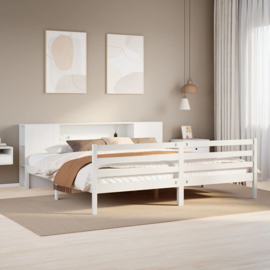 Seng med bokhylle uten madrass hvit 200x200 cm heltre furu 8721158606488