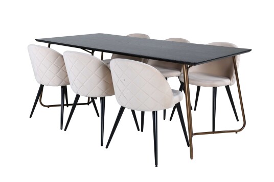 Venture Design Petra & Velvet spisegruppe Beige/svart 6 stoler & bord 190 x 90 cm
