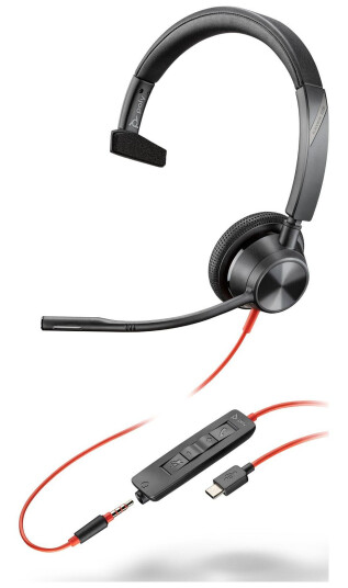 Poly Blackwire 3315 Monaural Microsoft Teams Certified USB-C Wired Headset + 3.5mm Plug + USB-C to USB- A Adapter