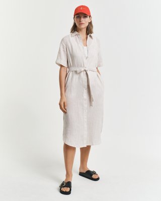 Gant Stripet skjortekjole i lin DRY SAND 38