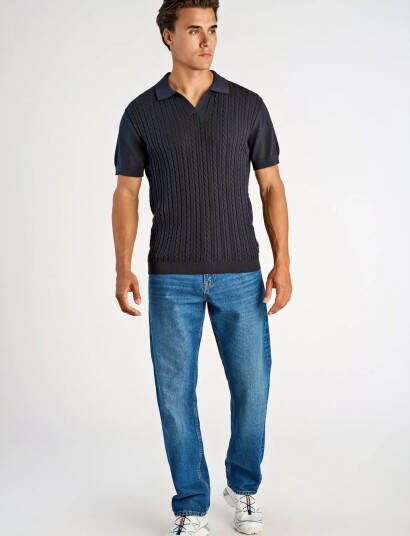 Lindbergh Knitted S/S Cable V Neck Polo   Navy   L