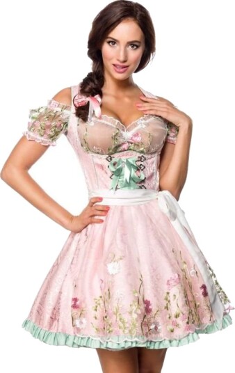 Lys Rosa Dirndl Oktoberfestkjole i Luksuskvalitet med Utformet Blomster på Forkle XL Lys Rosa Dirndl Oktoberfestkjole i Luksuskvalitet med Utformet Blomster på Forkle XL