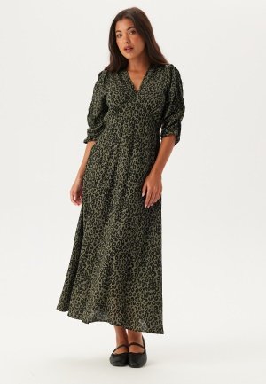 BUBBLEROOM Ruched Sleeve Midi Dress Green/Patterned XS