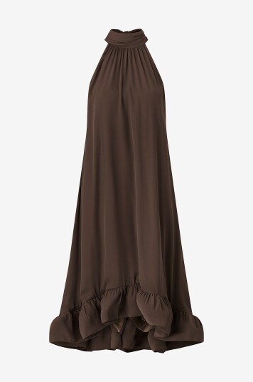 By Malina Kjole Sabrina Halterneck Ruffled Midi Dress Brun