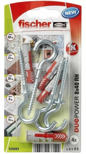 Fischer Universalplugg DUOPOWER Med Rund Krok 8 x 40mm 4 stk.