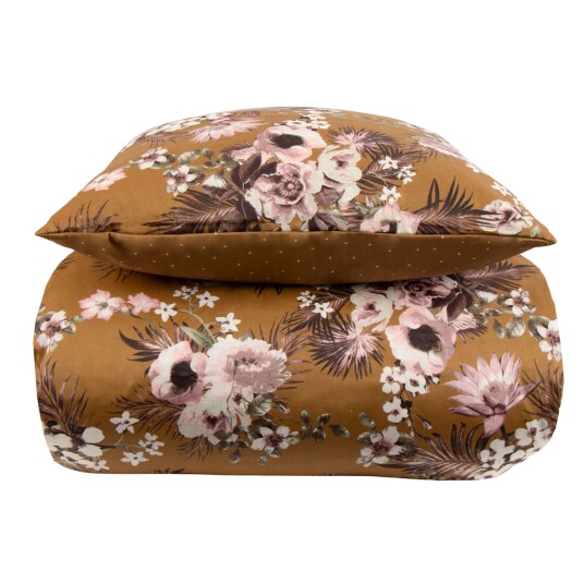 Borg Living Sengetøy - 140x200 cm - Blomster og prikker - Karri - 2 i 1 design - 100 % økologisk bomullsateng