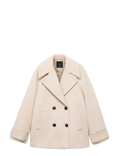 Mango Double-Breasted Wool-Blend Coat - Cream - XS