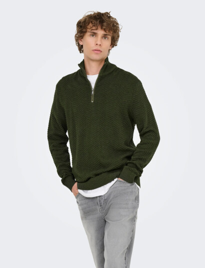 ONLY & SONS Onsmace Reg Herringbone Half Zip Knit Ns - Khaki green - L