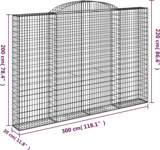 vidaXL Gabionkurv buet 300x30x200/220 cm galvanisert jern