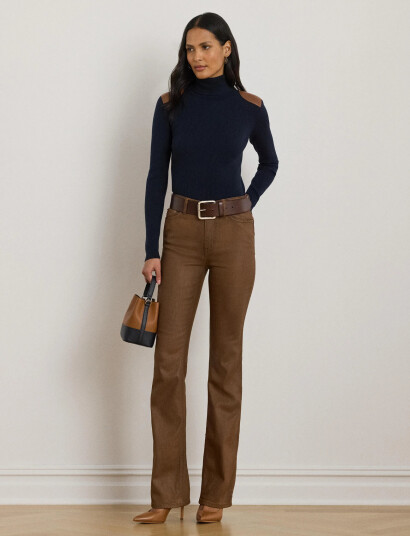 Lauren Ralph Lauren Faux-Leather-Trim Ribbed Turtleneck - Navy - XL Lauren Ralph Lauren Faux-Leather-Trim Ribbed Turtleneck - Navy - XL