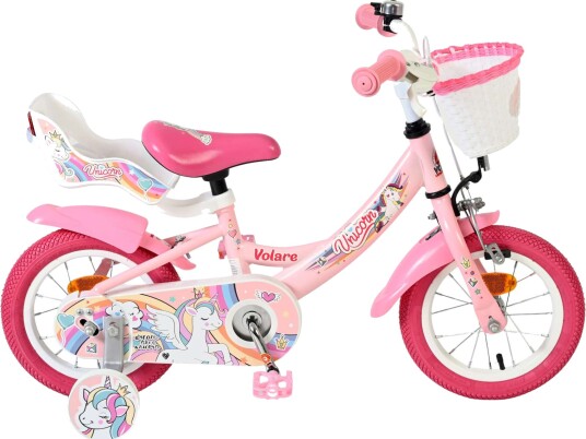 Volare Unicorn 12" Barnesykkel med Kurv og Dukkesete, Rosa