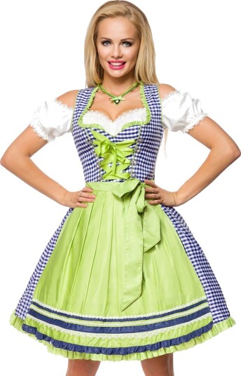 Tradisjonell Royalblå og Hvit Oktoberfest Korsettkjole i Luksuskvalitet med Forkle Strl S