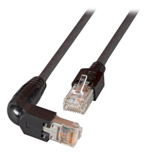 Patchkabel UTP Cat.5e 5.0M, RJ45 rett - RJ45 vinkel, svart Patchkabel UTP Cat.5e 5.0M, RJ45 rett - RJ45 vinkel, svart