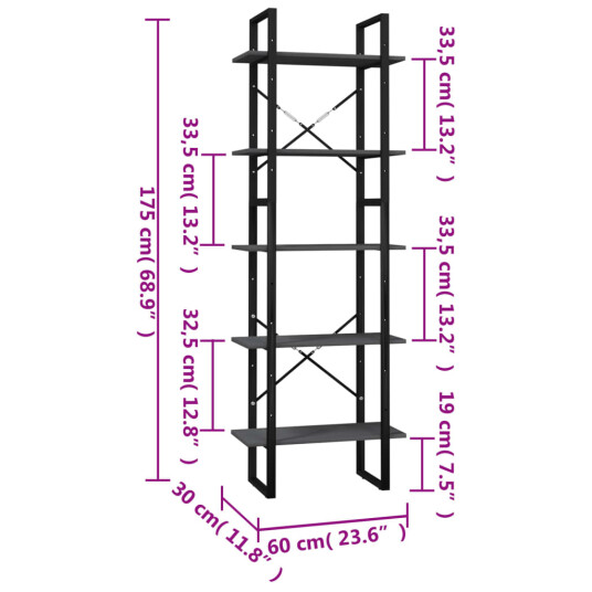 vidaXL Bokhylle 5 niv?er 60x30x175 cm furu gr?