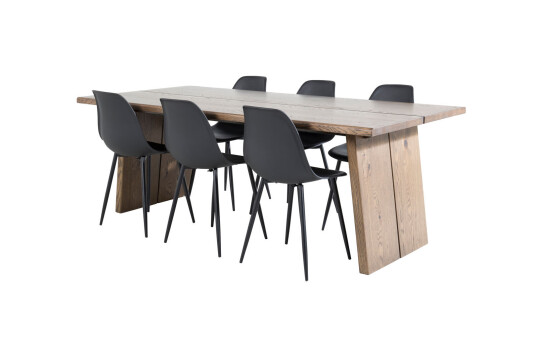 Logger spisegruppe spisebord uttrekksbord lengde cm 210 / 310 røykfarge eik og 6 Polar spisestuestoler svart.